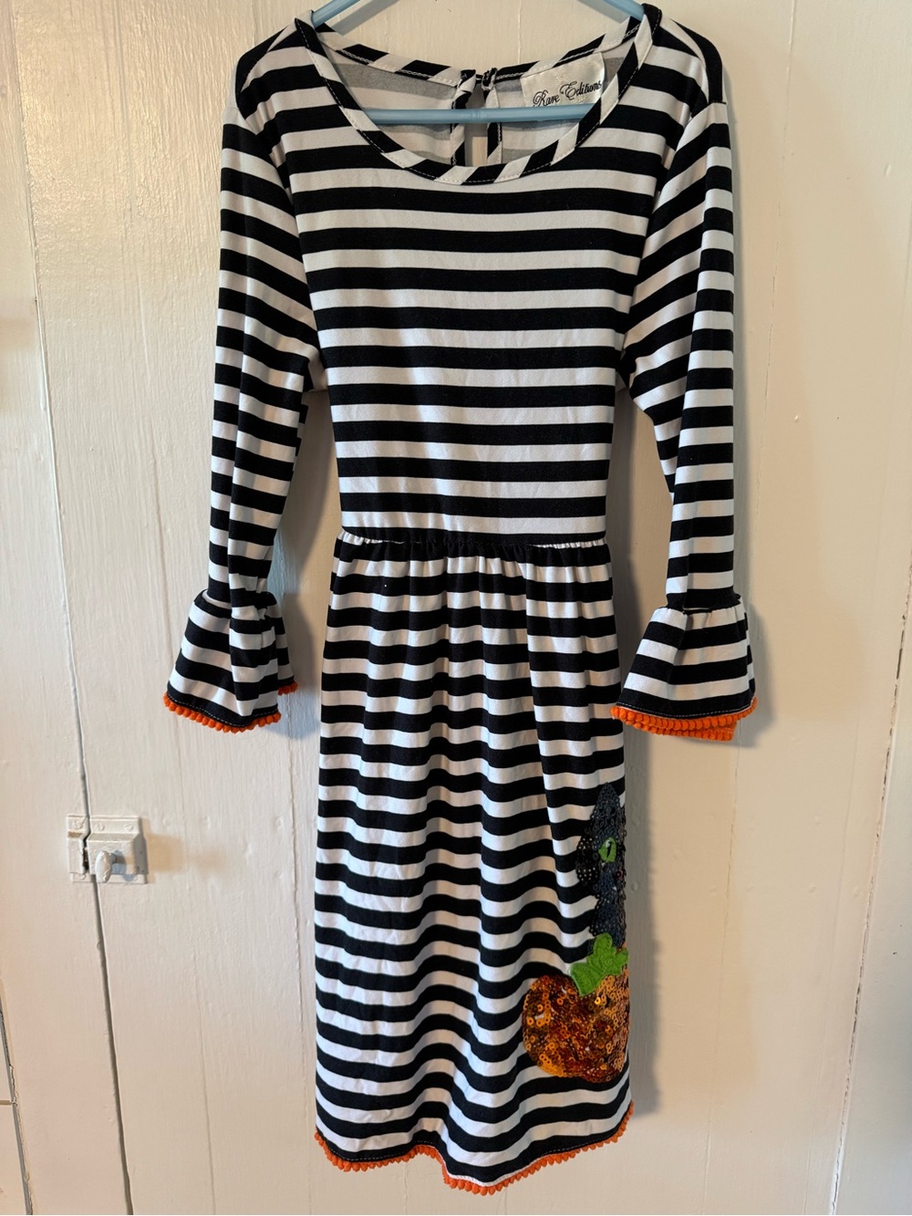 Rare Editions Black & White Halloween Striped Long Sleeve Dress with Orange Trim